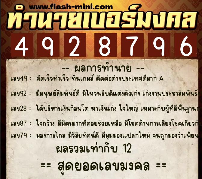 ทำนายเบอร์มงคล 0XX-4928796  ทำนายเบอร์มงคล หมายเลข 085-492879 