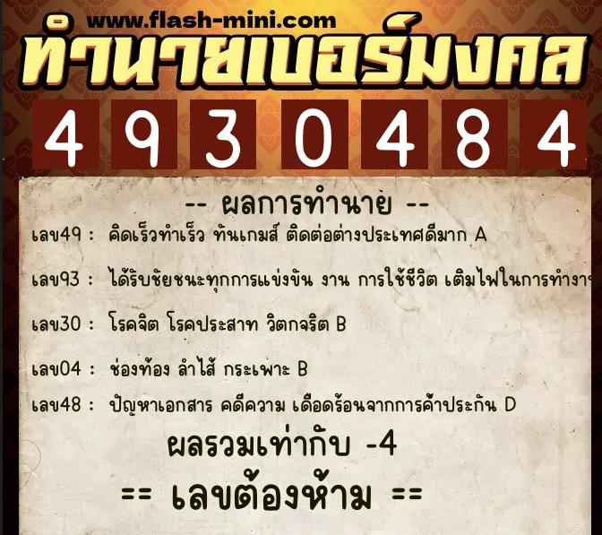 ทำนายเบอร์มงคล 0XX-4930484  ทำนายเบอร์มงคล หมายเลข 081-493048 