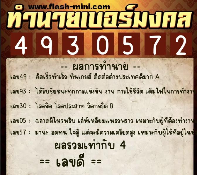 ทำนายเบอร์มงคล 0XX-4930572  ทำนายเบอร์มงคล หมายเลข 065-493057 