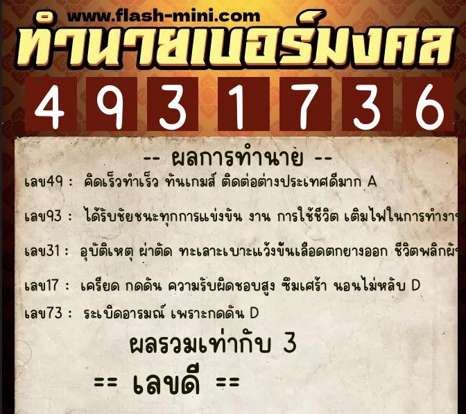 ทำนายเบอร์มงคล 0XX-4931736  ทำนายเบอร์มงคล หมายเลข 084-493173 