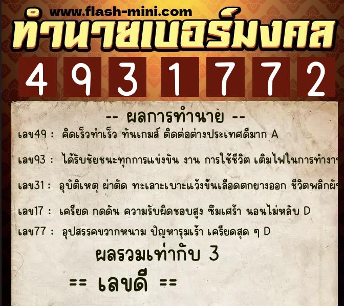 ทำนายเบอร์มงคล 0XX-4931772  ทำนายเบอร์มงคล หมายเลข 063-493177 