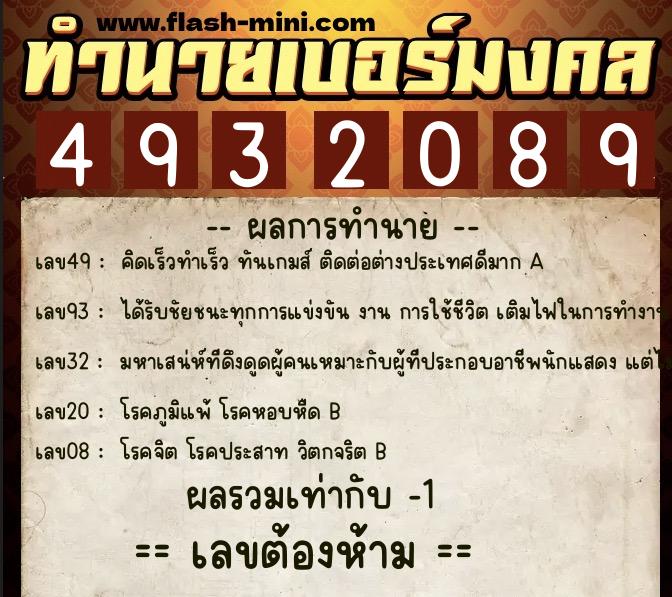 ทำนายเบอร์มงคล 0XX-4932089  ทำนายเบอร์มงคล หมายเลข 084-493208 