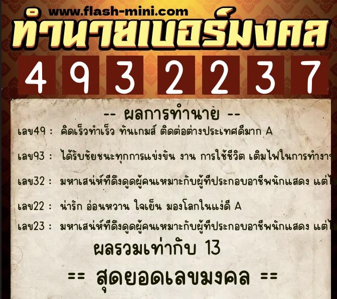 ทำนายเบอร์มงคล 0XX-4932237  ทำนายเบอร์มงคล หมายเลข 085-493223 