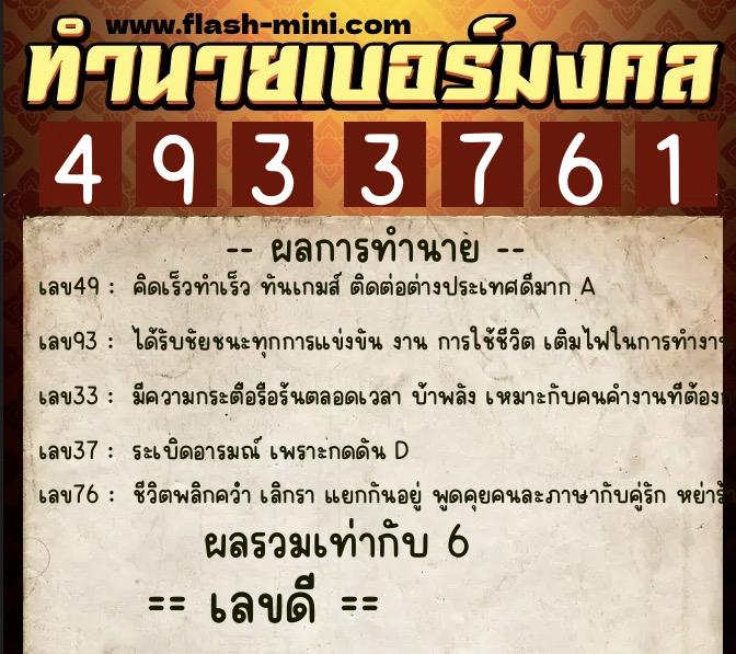 ทำนายเบอร์มงคล 0XX-4933761  ทำนายเบอร์มงคล หมายเลข 080-493376 