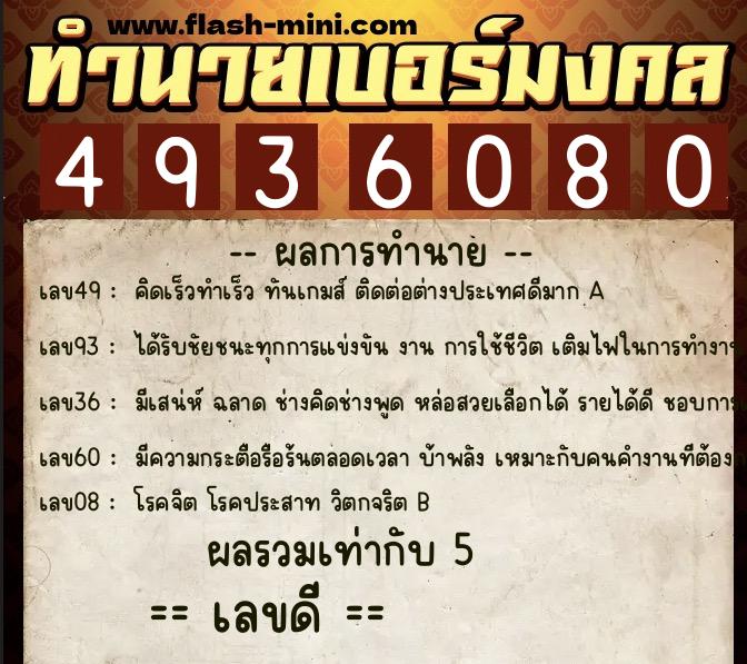 ทำนายเบอร์มงคล 0XX-4936080  ทำนายเบอร์มงคล หมายเลข 084-493608 
