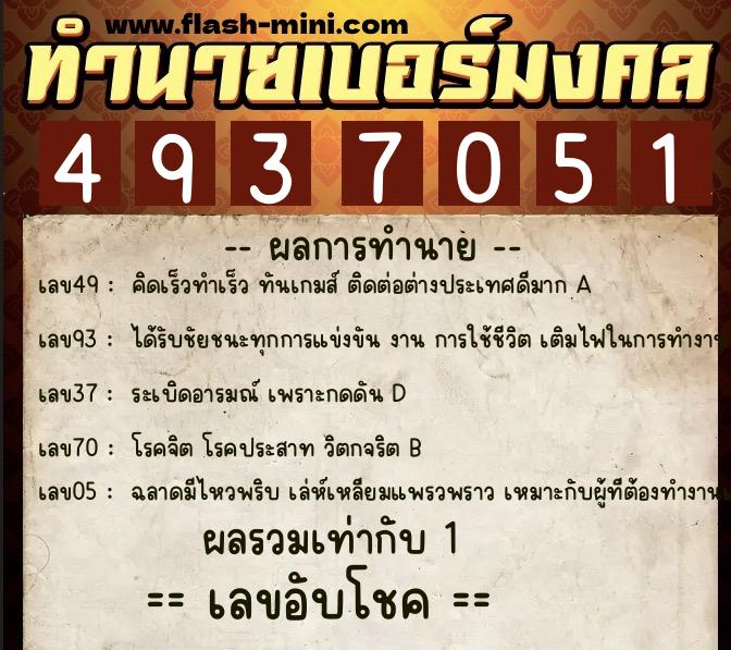 ทำนายเบอร์มงคล 0XX-4937051  ทำนายเบอร์มงคล หมายเลข 062-493705 
