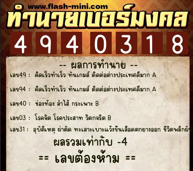 ทำนายเบอร์มงคล 0XX-4940318  ทำนายเบอร์มงคล หมายเลข 069-494031 