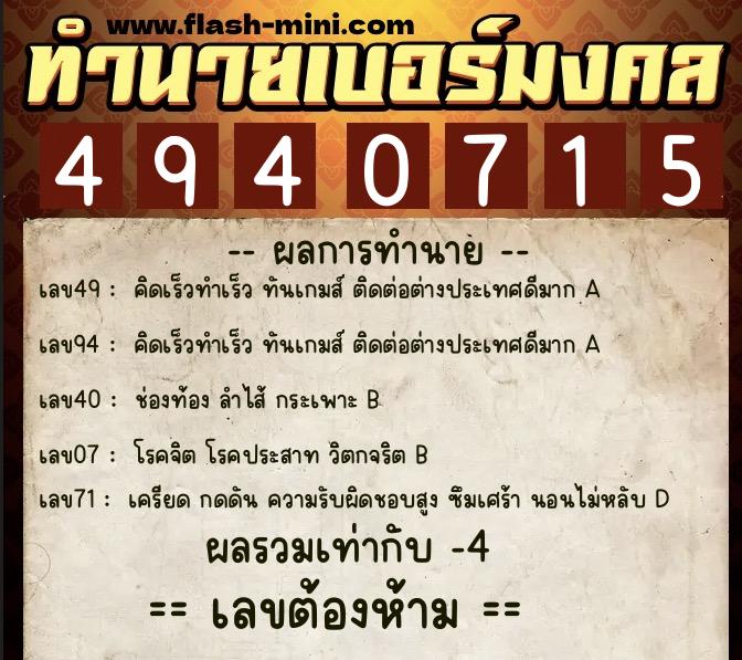 ทำนายเบอร์มงคล 0XX-4940715  ทำนายเบอร์มงคล หมายเลข 090-494071 