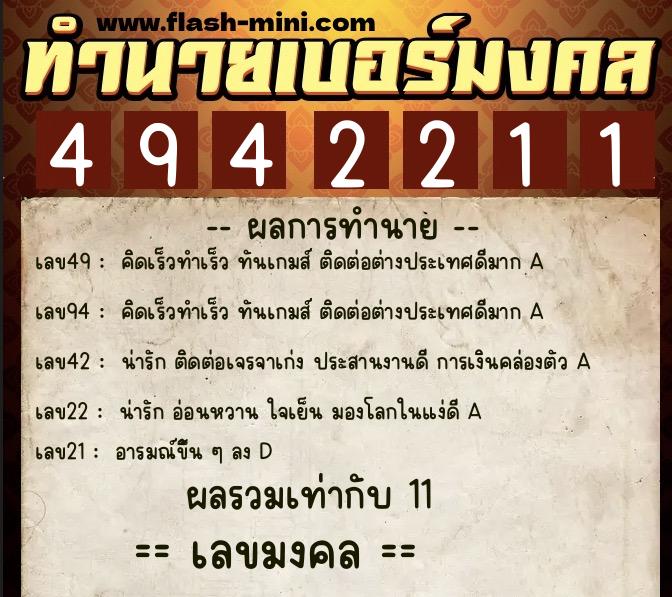 ทำนายเบอร์มงคล 0XX-4942211  ทำนายเบอร์มงคล หมายเลข 086-494221 