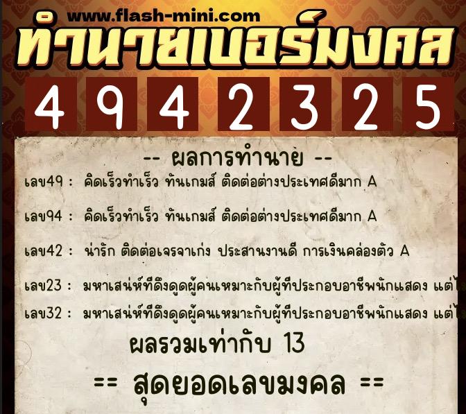 ทำนายเบอร์มงคล 0XX-4942325  ทำนายเบอร์มงคล หมายเลข 061-494232 