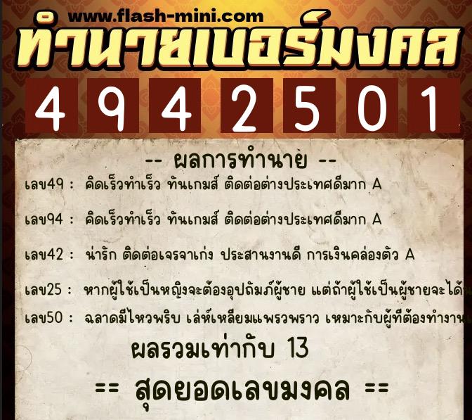 ทำนายเบอร์มงคล 0XX-4942501  ทำนายเบอร์มงคล หมายเลข 084-494250 