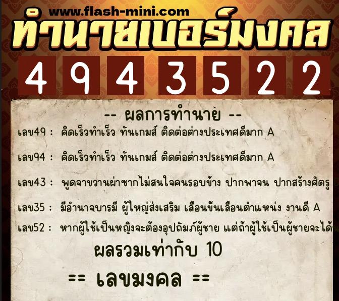 ทำนายเบอร์มงคล 0XX-4943522  ทำนายเบอร์มงคล หมายเลข 093-494352 