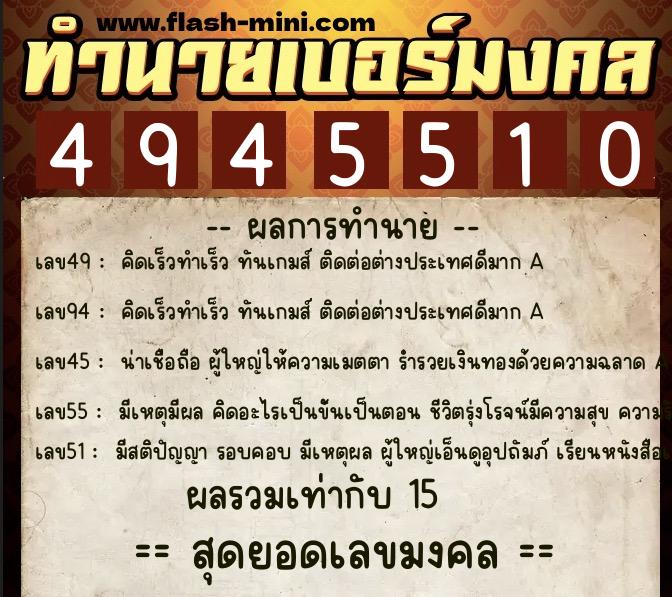 ทำนายเบอร์มงคล 0XX-4945510  ทำนายเบอร์มงคล หมายเลข 067-494551 