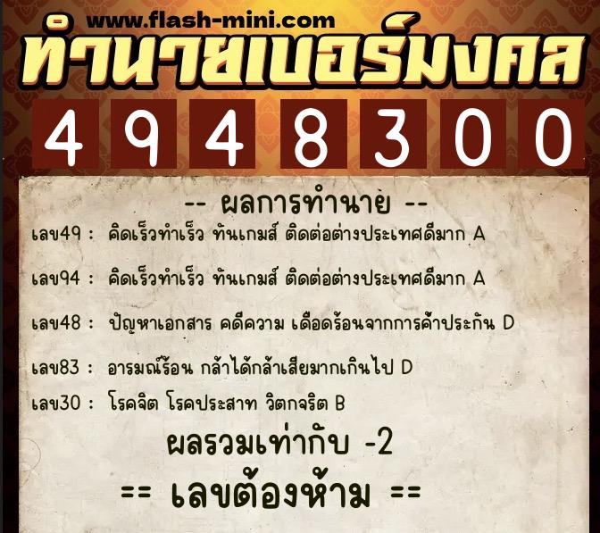 ทำนายเบอร์มงคล 0XX-4948300  ทำนายเบอร์มงคล หมายเลข 066-494830 