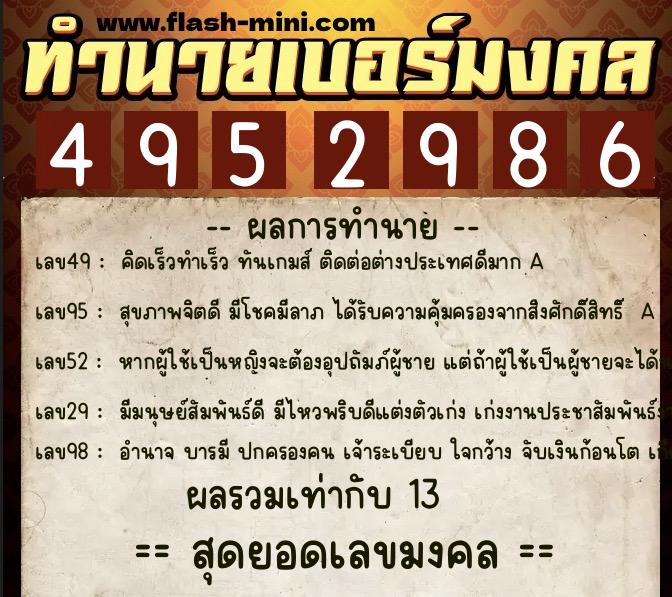 ทำนายเบอร์มงคล 0XX-4952986  ทำนายเบอร์มงคล หมายเลข 091-495298 
