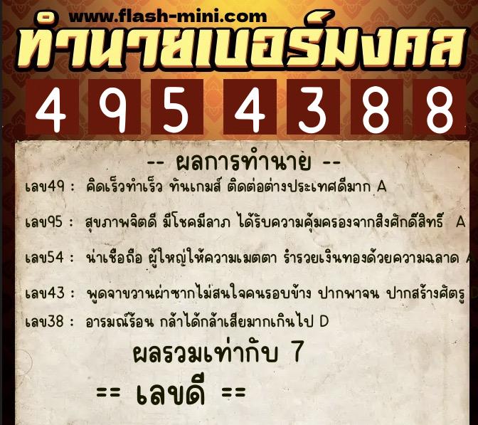 ทำนายเบอร์มงคล 0XX-4954388  ทำนายเบอร์มงคล หมายเลข 099-495438 