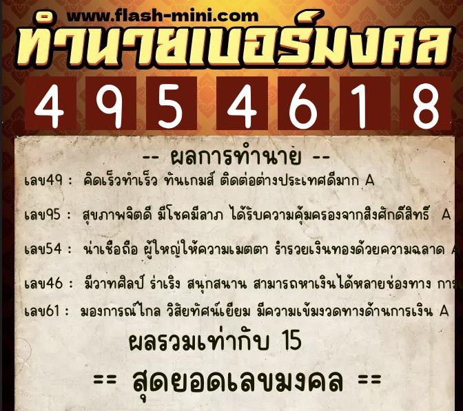 ทำนายเบอร์มงคล 0XX-4954618  ทำนายเบอร์มงคล หมายเลข 086-495461 