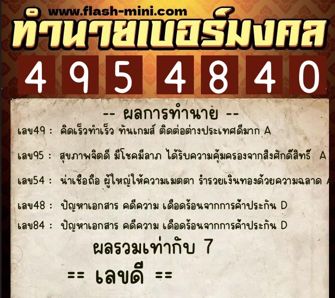 ทำนายเบอร์มงคล 0XX-4954840  ทำนายเบอร์มงคล หมายเลข 086-495484 