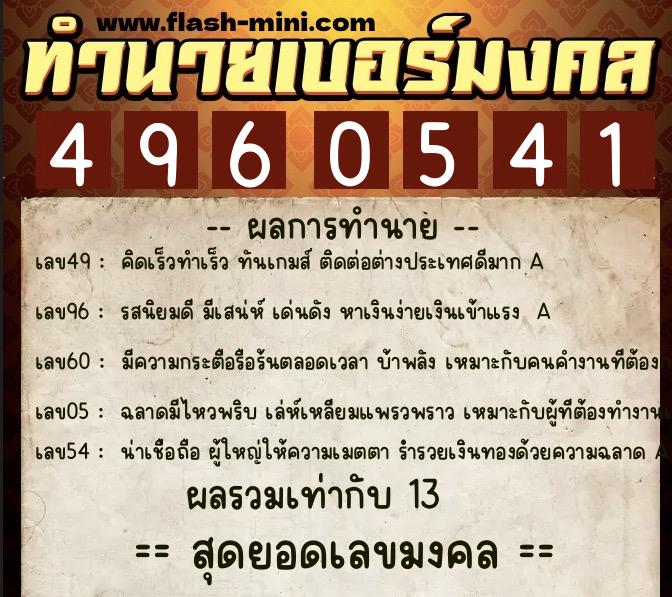 ทำนายเบอร์มงคล 0XX-4960541  ทำนายเบอร์มงคล หมายเลข 089-496054 