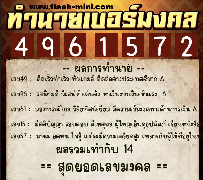 ทำนายเบอร์มงคล 0XX-4961572  ทำนายเบอร์มงคล หมายเลข 061-496157 