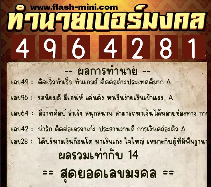 ทำนายเบอร์มงคล 0XX-4964281  ทำนายเบอร์มงคล หมายเลข 095-496428 