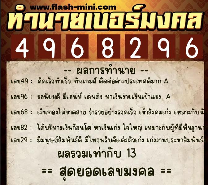 ทำนายเบอร์มงคล 0XX-4968296  ทำนายเบอร์มงคล หมายเลข 067-496829 