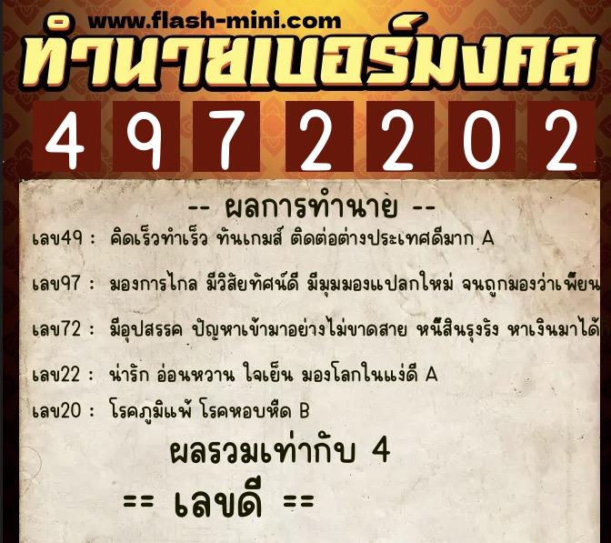 ทำนายเบอร์มงคล 0XX-4972202  ทำนายเบอร์มงคล หมายเลข 097-497220 