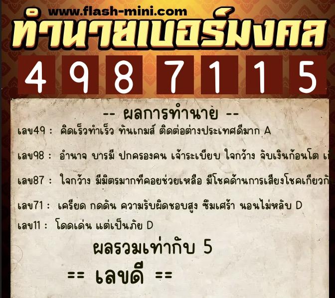 ทำนายเบอร์มงคล 0XX-4987115  ทำนายเบอร์มงคล หมายเลข 067-498711 