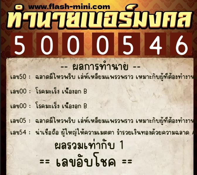 ทำนายเบอร์มงคล 0XX-5000546  ทำนายเบอร์มงคล หมายเลข 082-500054 
