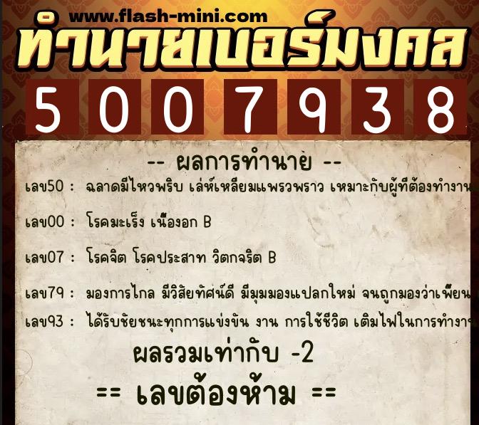 ทำนายเบอร์มงคล 0XX-5007938  ทำนายเบอร์มงคล หมายเลข 095-500793 