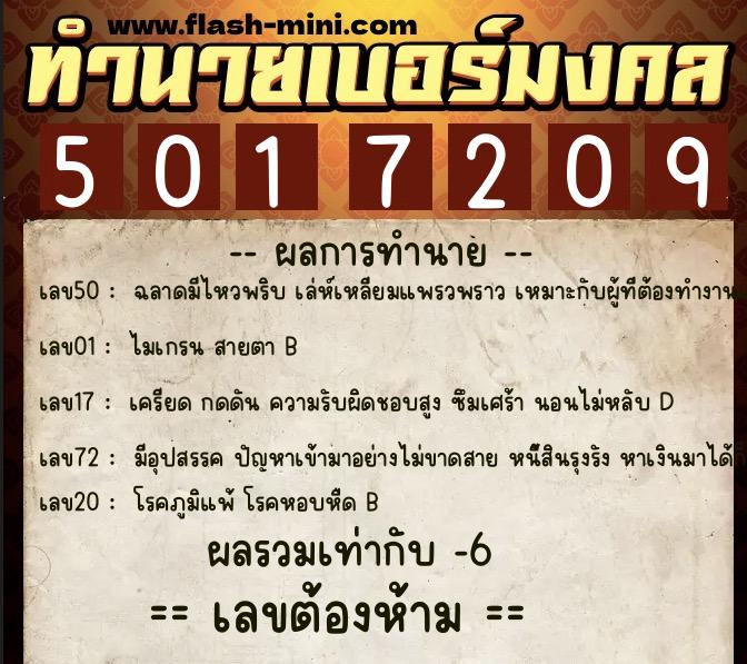 ทำนายเบอร์มงคล 0XX-5017209  ทำนายเบอร์มงคล หมายเลข 098-501720 