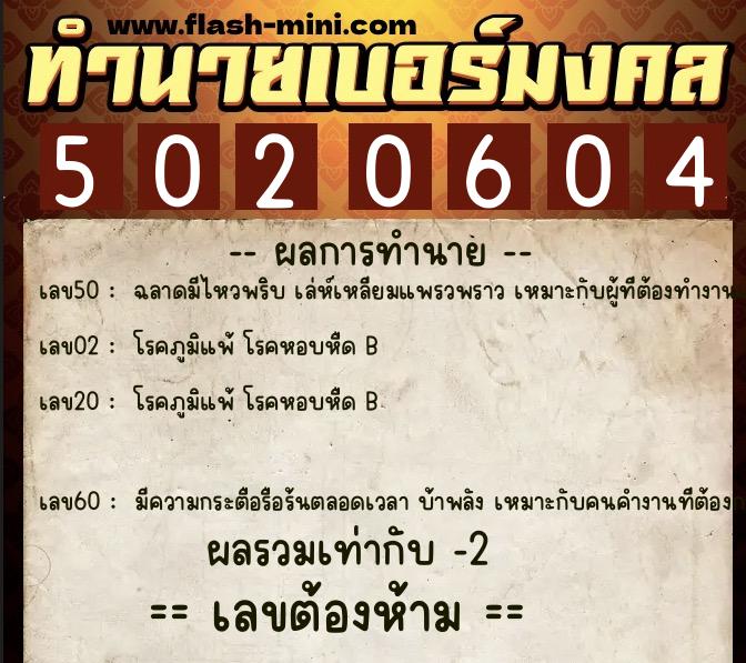 ทำนายเบอร์มงคล 0XX-5020604  ทำนายเบอร์มงคล หมายเลข 069-502060 