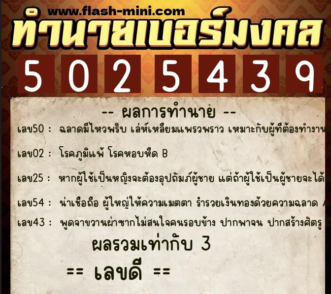 ทำนายเบอร์มงคล 0XX-5025439  ทำนายเบอร์มงคล หมายเลข 094-502543 
