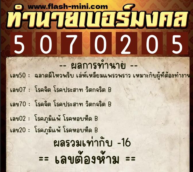 ทำนายเบอร์มงคล 0XX-5070205  ทำนายเบอร์มงคล หมายเลข 061-507020 