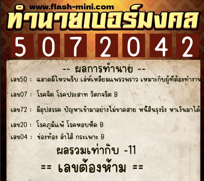 ทำนายเบอร์มงคล 0XX-5072042  ทำนายเบอร์มงคล หมายเลข 088-507204 
