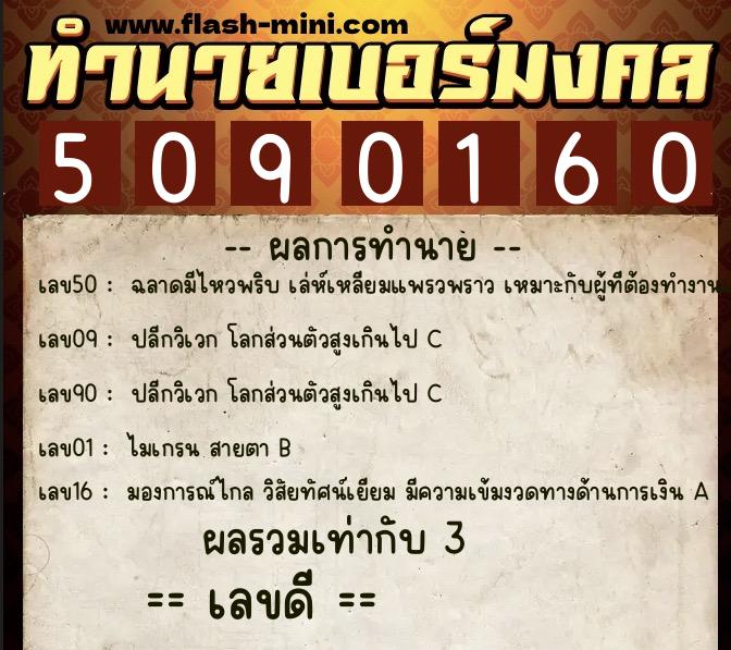 ทำนายเบอร์มงคล 0XX-5090160  ทำนายเบอร์มงคล หมายเลข 098-509016 