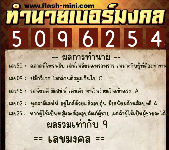 ทำนายเบอร์มงคล 0XX-5096254  ทำนายเบอร์มงคล หมายเลข 082-509625 