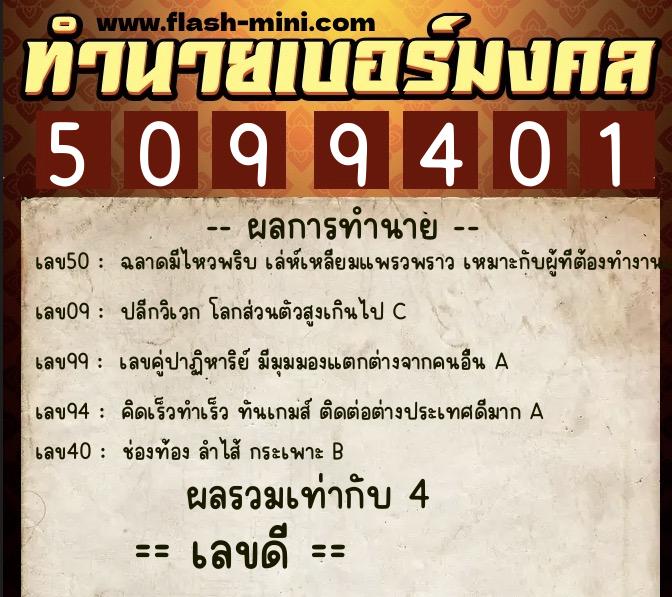 ทำนายเบอร์มงคล 0XX-5099401  ทำนายเบอร์มงคล หมายเลข 094-509940 