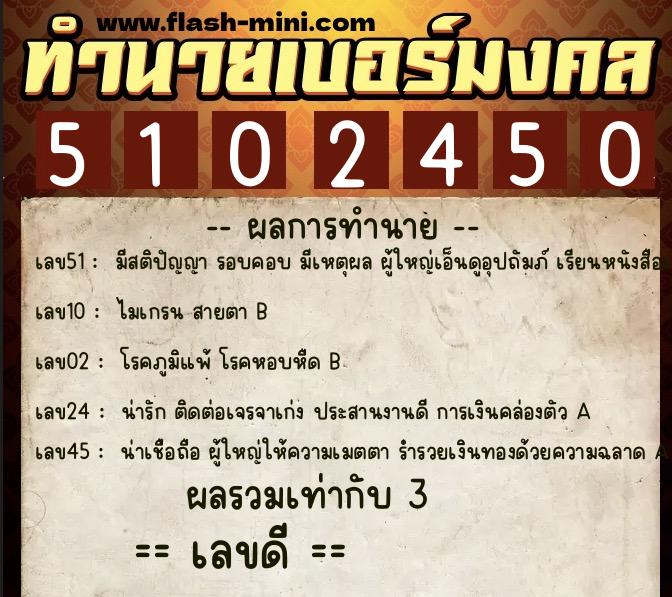 ทำนายเบอร์มงคล 0XX-5102450  ทำนายเบอร์มงคล หมายเลข 096-510245 