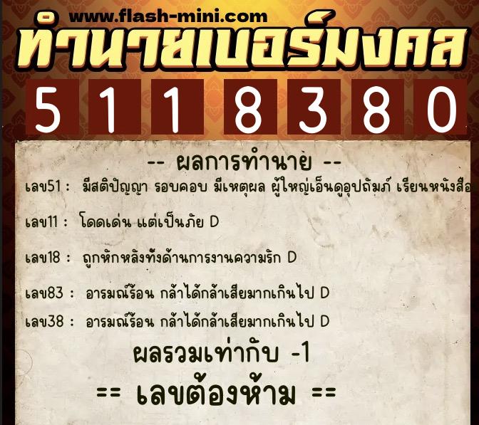 ทำนายเบอร์มงคล 0XX-5118380  ทำนายเบอร์มงคล หมายเลข 068-511838 