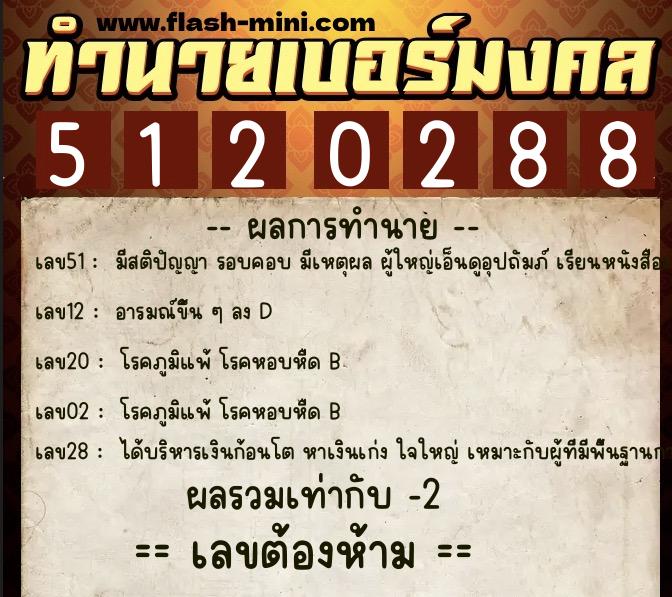 ทำนายเบอร์มงคล 0XX-5120288  ทำนายเบอร์มงคล หมายเลข 098-512028 