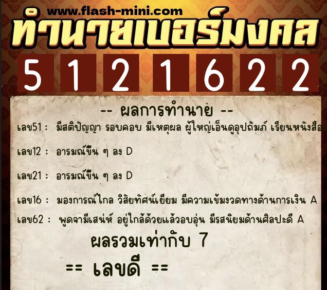 ทำนายเบอร์มงคล 0XX-5121622  ทำนายเบอร์มงคล หมายเลข 060-512162 