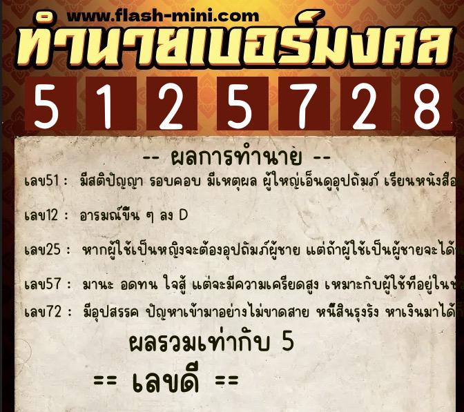ทำนายเบอร์มงคล 0XX-5125728  ทำนายเบอร์มงคล หมายเลข 068-512572 