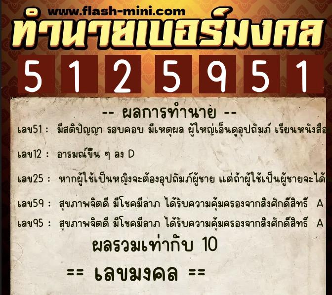 ทำนายเบอร์มงคล 0XX-5125951  ทำนายเบอร์มงคล หมายเลข 080-512595 