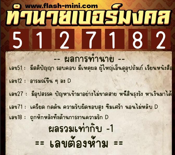 ทำนายเบอร์มงคล 0XX-5127182  ทำนายเบอร์มงคล หมายเลข 063-512718 