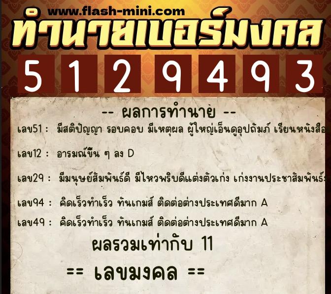 ทำนายเบอร์มงคล 0XX-5129493  ทำนายเบอร์มงคล หมายเลข 082-512949 