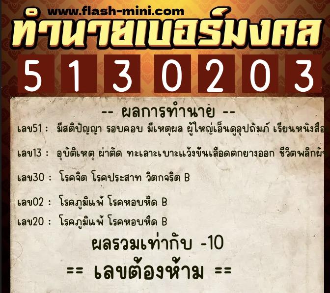 ทำนายเบอร์มงคล 0XX-5130203  ทำนายเบอร์มงคล หมายเลข 092-513020 