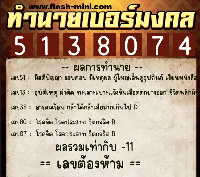 ทำนายเบอร์มงคล 0XX-5138074  ทำนายเบอร์มงคล หมายเลข 089-513807 