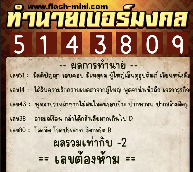 ทำนายเบอร์มงคล 0XX-5143809  ทำนายเบอร์มงคล หมายเลข 084-514380 