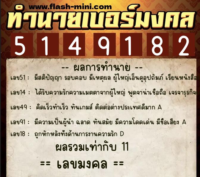 ทำนายเบอร์มงคล 0XX-5149182  ทำนายเบอร์มงคล หมายเลข 065-514918 